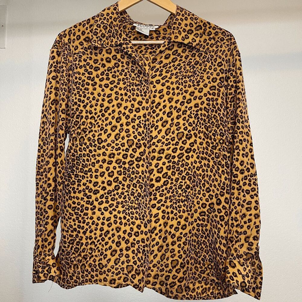 Leopard Animal Print Silk Long Sleeve Button‎ Down Vintage Shirt